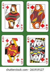 Four Queens of Diamonds in four different styles on a green background