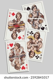 Four queens of diamonds, spades, clubs and hearts showing gambling and casino games. Hand drawn illustration