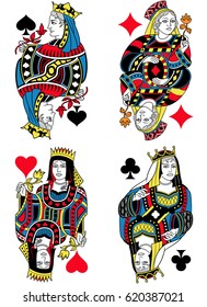 Four Queens Figures Inspired By Playing Cards French Tradition. All The Figures Are Isolated Without Card Frame