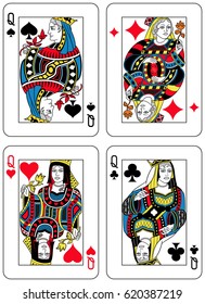 Four Queens figures inspired by playing cards french tradition. All the figures are inside a playing card frame