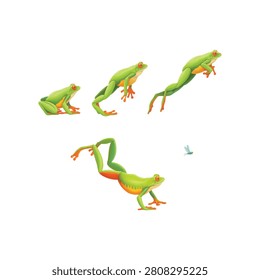 four quite green grogs jumping 