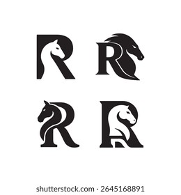 Four r letter logos with horse head illustrations in black and white color scheme