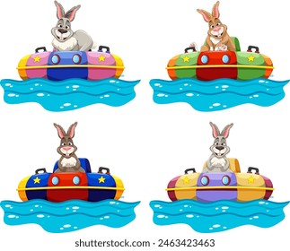 Four rabbits enjoying a ride in bumper boats