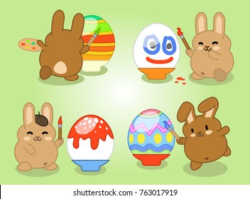 Four rabbits painting easter eggs with brush and palette (kawaii vector graphic)
