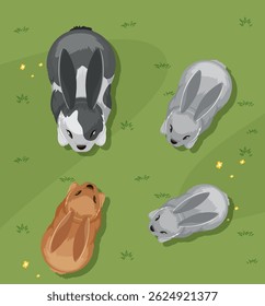 Four rabbits relaxing on a grassy field