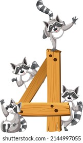 Four raccoons attached to number four illustration