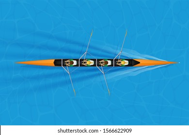 Four Racing shell with mixed paddlers for rowing sport on water surface. Four paddlers mixed race. Woman and Man and inside boat. Top view. Vector Illustration