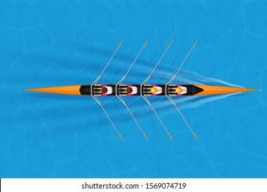 Four Racing shell with mixed paddlers for rowing sport on water surface. Four paddlers skull rowing mixed race. Woman and Man and inside boat. Top view. Vector Illustration