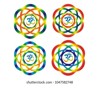 Four rainbow mandalas with the Aum /  Om sign. Abstract artistic object. Spiritual symbol.