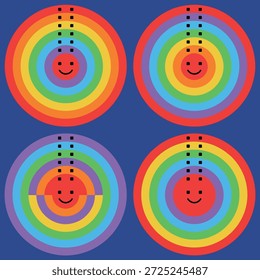 Cuatro círculos de color arcoíris con caras sonrientes, dispuestos en un cuadrado sobre un fondo azul. Diseño alegre y vibrante.
