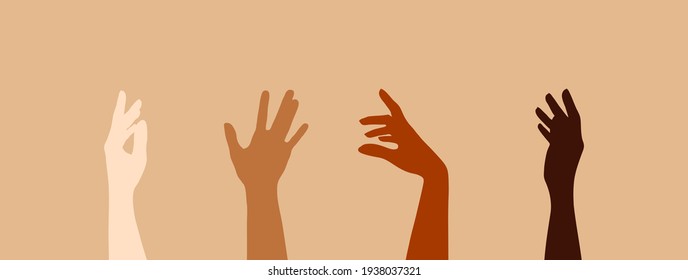 Four raised female hands of different skin color on a beige background. The concept of women's friendship and the movement for women's rights. Vector illustration. 