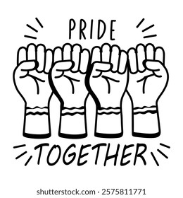 Four raised fists with rainbow bracelets and text pride together, glyph sticker 