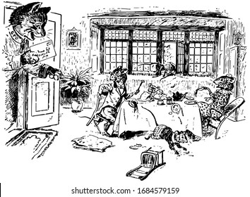 Four rats sitting on dining table and eating, a cat holding letter came inside and two baby rats running and another two rats got scared, chair fell on ground, vintage line drawing