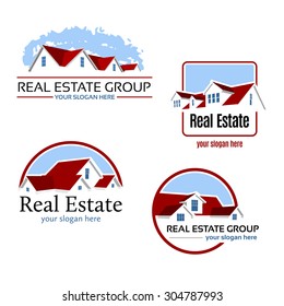 Four Real Estate Emblems With A Red Roof, Vector Logo