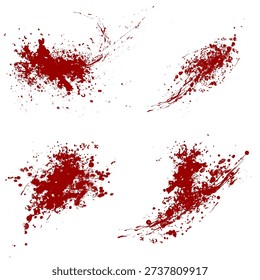 Four Realistic Blood Splatter Elements. Red Liquid Spray and Stain Pack for Horror Poster and Merchandise Design.