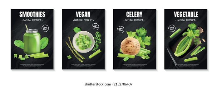 Four realistic celery poster icon set smoothies vegan celery and vegetable headlines on black background vector illustration