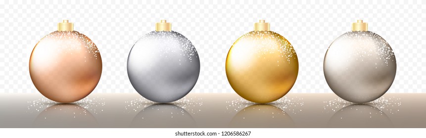 Four realistic Christmas transparent Baubles, spheres or balls in different shades of metallic gold and silver color with golden caps and snow or snowflakes. Vector illustration eps10