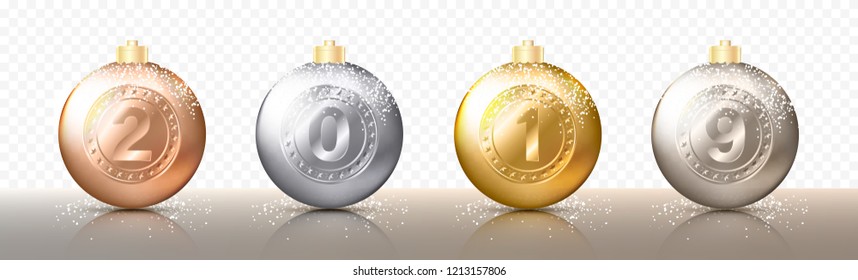 Four realistic Christmas transparent Baubles, spheres or balls in different shades of metallic gold and silver color with numbers 2019, golden caps and snow or snowflakes. Vector illustration eps10