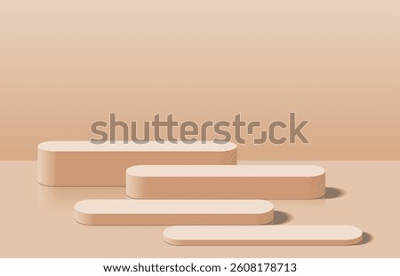 Four realistic cream brown 3d round podium pedestal. Minimal scene for product display presentation. Podium stage for product mockup. Vector geometric platform design. 3D vector rendering.