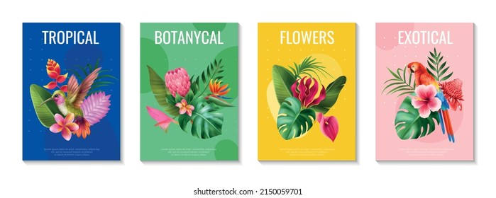 Cartel de cuatro flores exóticas realistas con flores botánicas tropicales y titulares exóticos ilustraciones vectoriales