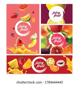 Four realistic fruits banner set round logo with the title in the center vector illustration