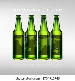 Four realistic green beer bottle standing with world map image on it's surface. Suitable for international beer day