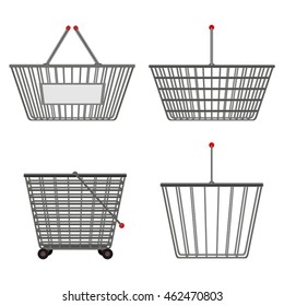 Four realistic metallic chrome wire empty baskets of different shapes. Vector illustration eps10