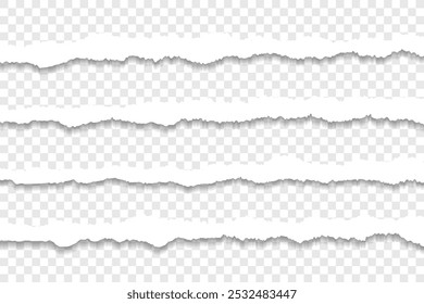 Quatro tiras de papel rasgado realista com sombras no fundo transparente para uso do projeto