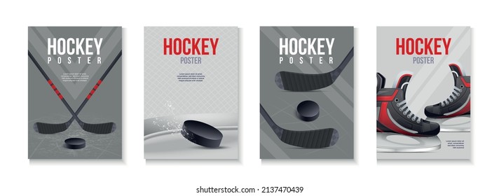 Four realistic vertical hockey posters set with sticks pucks and skates isolated vector illustration