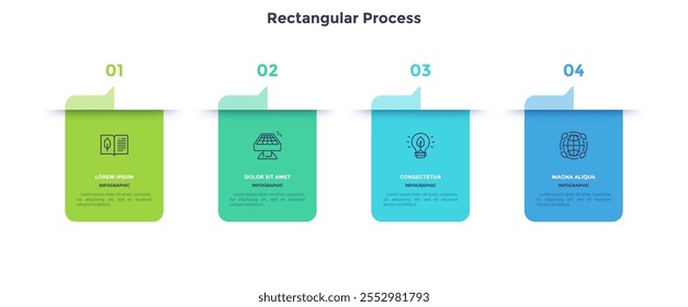 Four rectagular frames with arrows placed in horizontal row. Concept of 4stages of strategic management process. Modern flat infographic design template. Simple vector illustration for presentation.