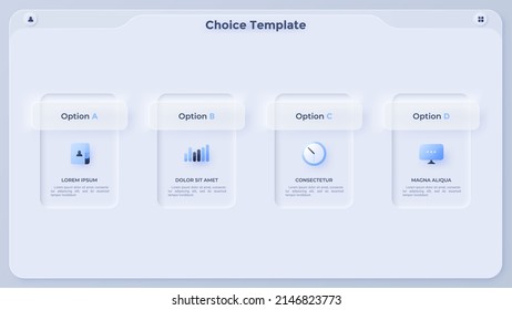 Four rectangular cards arranged in horizontal row. Concept of 4 options of business project to select. Simple infographic design template. Modern neumorphic vector illustration for data visualization.