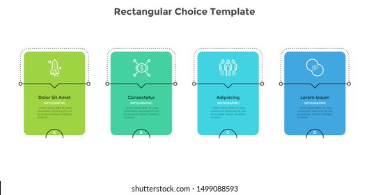 Four rectangular elements or cards placed in horizontal row. Diagram representing 4 phases of business strategy. Minimal infographic design template. Flat modern vector illustration for presentation.