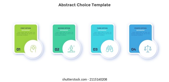 Four rectangular elements or cards placed in horizontal row. Concept of 4 features of service to select. Modern flat infographic vector illustration for business data visualization, presentation.
