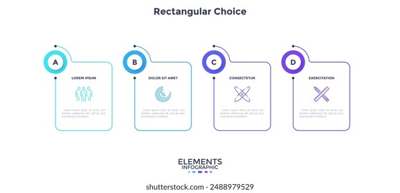Four rectangular elements or cards placed in horizontal row. Concept of 4 business project features to select. Simple infographic design template. Modern flat vector illustration for presentation.