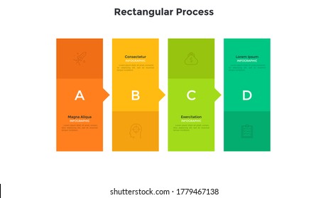 Four rectangular elements or columns placed in horizontal row and connected by arrows. Concept of 4 steps of marketing strategy. Simple infographic design template. Modern flat vector illustration.