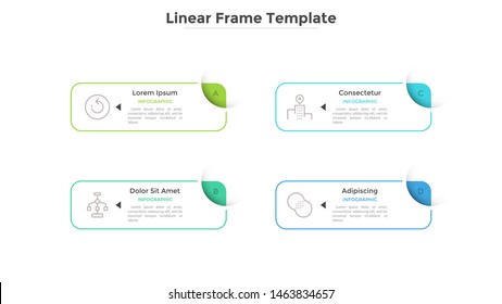 Four rectangular elements with place for text. Concept of 4 options or features of startup project development strategy. Flat vector illustration for presentation, report, business data visualization.