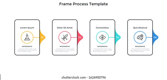 Four rectangular elements placed in horizontal row and connected by colorful pointers. Concept of 4 successive steps of marketing strategy. Minimal infographic design template. Vector illustration.