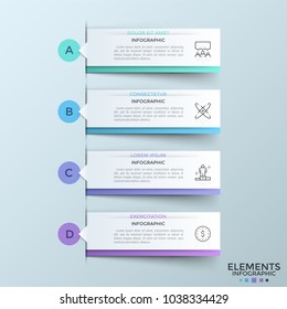 Four Rectangular Elements With Thin Line Icons, Place For Text And Pointers Pointing At Letters. Concept Of Strategic Plan Or Process With 4 Steps. Infographic Design Template. Vector Illustration.