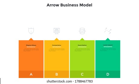 Four Rectangular Elements With Upward Pointing Arrows Placed In Horizontal Row. Concept Of 4 Steps Of Business Strategy. Minimal Infographic Design Template. Flat Vector Illustration For Presentation.