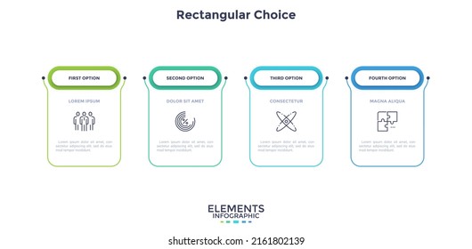 Four rectangular frames or cards with headings arranged in horizontal row. Concept of business model with 4 options to select. Minimal infographic design template. Modern flat vector illustration.