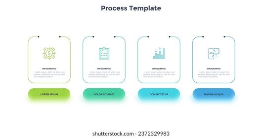 Four rectangular frames or cards with headings arranged in horizontal row. Concept of business model with 4 options to select. Minimal infographic design template. Modern flat vector illustration.