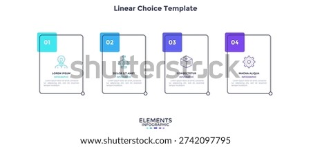 Four rectangular frames placed in horizontal row. Visualization of 4-stepped business process. Simple infographic design template. Flat vector illustration for presentation, report.