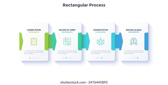 Four rectangular paper elements with arrows placed in horizontal row. Concept of 4 successive steps to business project success. Modern infographic design template. Simple flat vector illustration