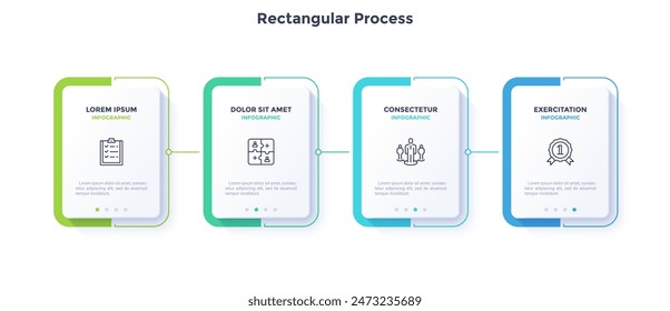 Cuatro Elementos blancos de papel rectangulares colocados en fila Horizontal. Concepto de 4 pasos sucesivos para el éxito del proyecto empresarial. Plantilla de diseño de infografía moderna. Ilustración vectorial plana simple para banne