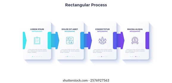 Four rectangular paper white elements with arrows placed in horizontal row. Concept of 4 successive steps to business project success. Modern infographic design template. Vector illustration