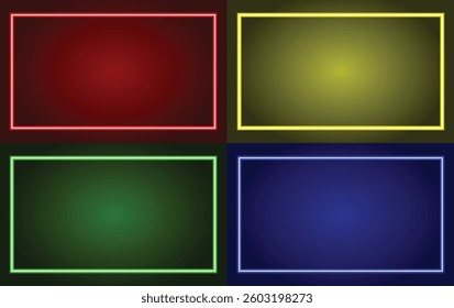 Four rectangular shapes, each outlined with a distinct neon color—red, yellow, green, and blue—are set aginst a dark, subtly gradient background. Each shape forms a distinct frame, with the respective