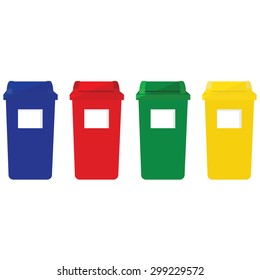 Four recycle bins vector icon with recycling symbol red, blue, green and yellow. Recycle bins for paper, plastic, cans and glass