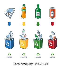 Four recycling bins illustration with paper, plastic, glass and metal separation. 