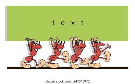 Four red ants. Friendly team holds a heavy load. Teamwork. Vector image. 