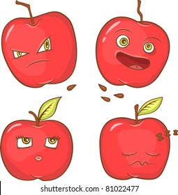 four red apples with different emotions and faces